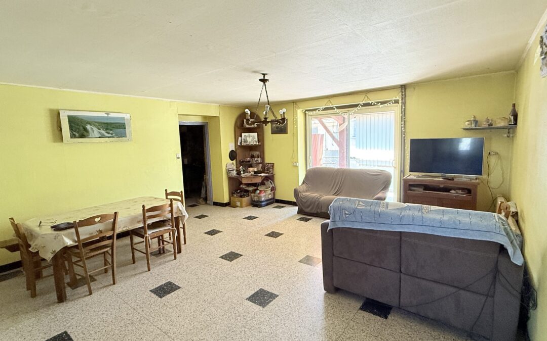 Intérieur d'une maison à vendre à Septème : salon spacieux avec coin repas et canapés.